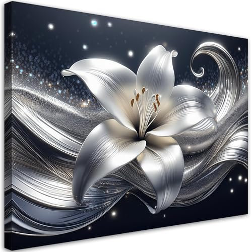 Feeby Leinwand Bilder - Natur Silber Blume - Vlies 120x80 cm - Deko Wohnzimmer - Wandbilder Schlafzimmer - Deko Aesthetic - Wand Deko - Leinwand Groß - Deko Zimmer - Leinwandbilder XXL