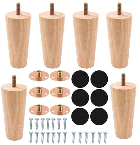 Cexovo Pieds de Meuble Bois de Rechange 12cm,Lot de 6 Pied De Meuble Bois Massif Pied de Table Bois de Remplacement de Meuble avec Plaque de Montage Vis et Tapis antidérapant pour Lit et Chaises