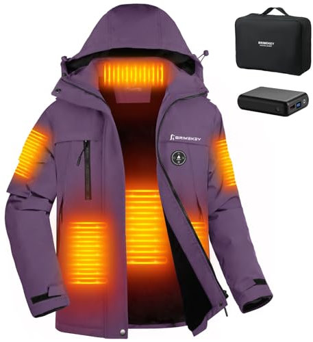 Brimekey Beheizbare Jacke Damen, Beheizte Fleece Ski-Jacken Wasserdicht Winddicht mit 12000 mAh Akku, 6 Heizung Zonen & 3 Heizstufen, Heizjacke mit Kapuze für Frauen Outdoor Winter