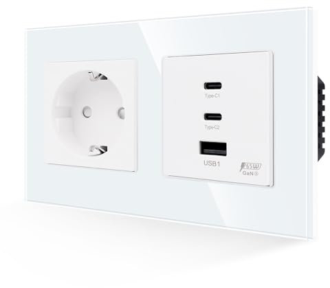 JIMEIDA Glas Steckdose mit USB C 65W Schnelles Laden Weiß, Schuko Steckdosen mit 1-USB-A,2-Typ C Port,Unterputz 157mm,16Amp 250V