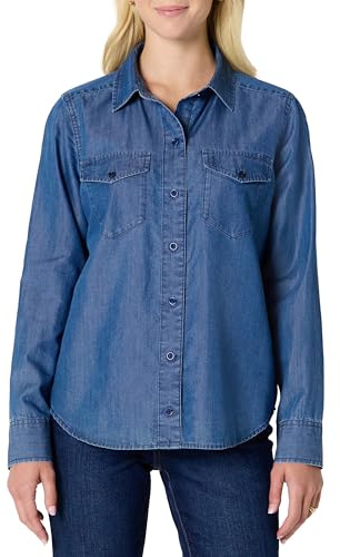 Amazon Essentials Camisa Vaquera de Cambray de Manga Larga y Corte Holgado con Solapa de Botones Mujer