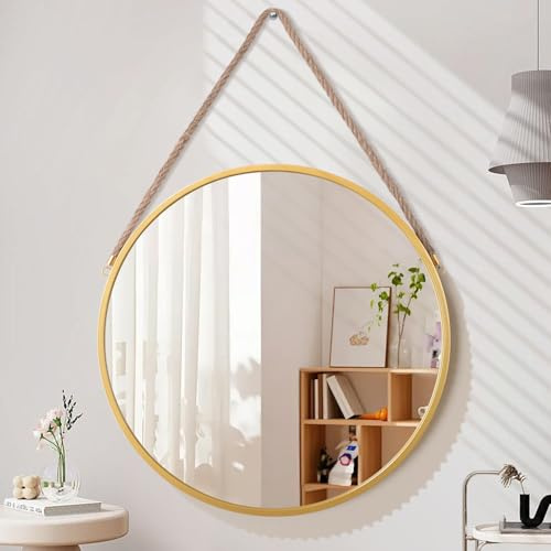 Lzuso Hängespiegel, Kreisspiegel, Bauernhaus, goldfarben, rund, hängender Wandspiegel, künstlerisch mit Riemen, für Badezimmer, Schlafzimmer, Waschtisch, Wohnzimmer, Eingangsbereich, 45,7 cm