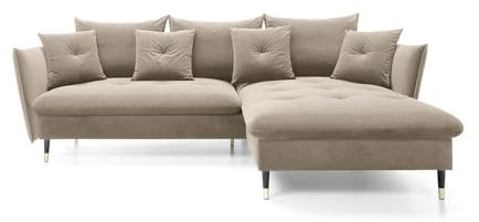 DomoHome Ecksofa Glam mit Schlaffunktion, Freistehend, Ottomane und Goldenen Füßen – Samtsofa im Glamour-Stil für Ihr Wohnzimmer, mit Zierkissen, 258x167x91cm, Rechte Seite BEIGE