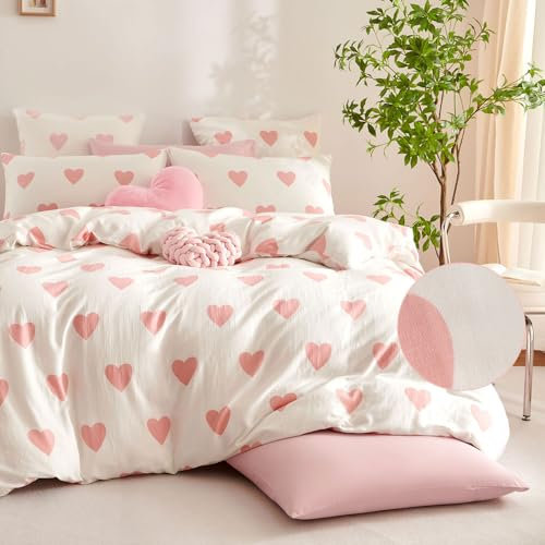 Michorinee Doppelte Musselin Bettwäsche 200x200 Baumwolle Weiß mit Rosa Herzen Muster Weiche Bettbezug Set 3 Teilig Herzchen Romantisch Bettwäsche-Sets mit Reißverschluss und 2 Kissenbezüge 80x80 cm