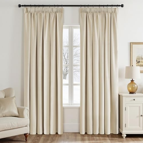 EMEMA Samtvorhang mit Kräuselband Beige 2er Blickdichte Gardine H225xB140cm | Samt Gardinen Deko Blickdichte Vorhänge mit Kräuselband Wohnzimmer Schlafzimmer Verdunkelung Thermovorhang Samt kräuselband