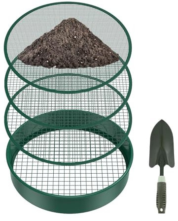 Tamis de jardinage en métal | Tamis à compost pour sol de sable | Tamis en métal | Équipement professionnel pour débutants avec 4 filtres en maille et pelle pour terres agricoles, serres