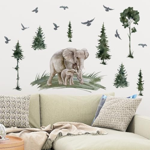 Aquarell Elefant Wandsticker Waldkiefern Vögel Kinderzimmer Wandkunst 116 x 78 cm