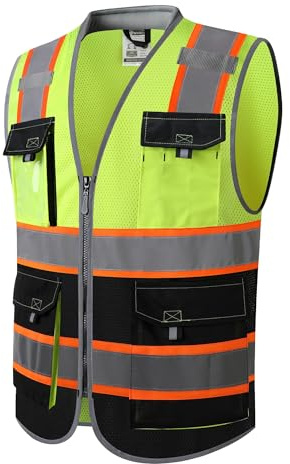 JKSafety Safety Vest for Men Women Hi Vis with Pockets and Cushioned Collar Reflective High Visibility Vest Class 2 Meet ANSI Standard YellowBlack Color Extended Orange Strips (BX360-YBLK XL) 1 Piece