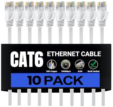HUGIN Cat 6 Ethernet Cable 3m 10 Pack, Flat High Speed 1000Mbp/s Network Cables with Durable RJ45 Gold-Plated Connectors, Outdoor&Indoor, for Router, Modem, PS4/5 (3 Meter, 10 Pack)