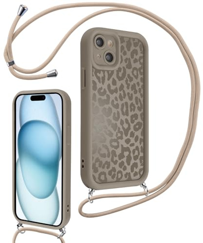 Xylota Handyband für iPhone 15 Hülle mit Band, Silikon Aesthetic Leopard Muster Design Handyhülle mit Kette Kordel Schlüsselband, Mädchen Schutzhülle für iPhone 15 6,1'' zum Umhängen, Braun