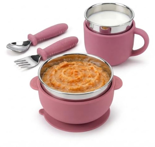 NENEVIBE Set Bebé 4 Piezas 2en1 Acero Inoxidable + Silicona | Cuenco y Vaso Desmontables con Ventosa + Cubiertos BLW | Sin BPA Apto Lavavajillas | Alimentación Complementaria 6 Meses (Rosa)