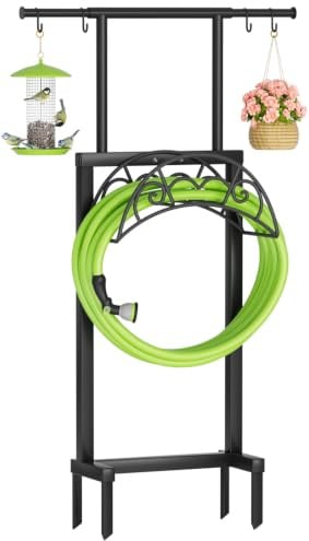 NEYCIL Garden Hose Holder with Telescopic Pole, Freestanding Garden Hose Stand Stake with 4 Spikes, Heavy Duty Sturdy Metal Hose Storage Rack and Hanger for Outside Yard Lawn Farm, Black
