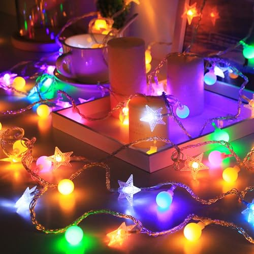 ALEGRE Lichterkette Stern Kugeln Batterie Bunte,1,5M 10 LED Stern Kugel Globe Lichterkette Batterie, Kugeln Lichterketten Innen Batteriebetrieben, String Lights für Hochzeit, Silvester, Weihnachtsdeko