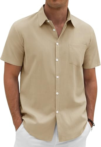 Xnova Mens Linen Cotton Shirts Summer Short Sleeve Shirt for Men Adult Regular Fit Beach Shirt with Pocket Casual Smart Button Down Tops for Holiday Work