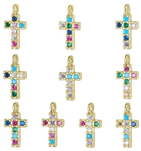 LEGENTLISUR 10 Stück Gold Kreuz Charms Anhänger Für Armbänder Christlicher Jesus Kreuzanhänger Bunt Zirkonia Anhänger Für Armbänder Halsketten Ohrringe Schlüsselanhänger DIY Zubehör