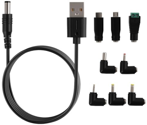 Câble d'alimentation USB vers DC 5V, Câble USB vers DC 5.5x2.1mm Universel avec 8 Embouts(5.5x2.5, 4.8x1.7, 4.0x1.7, 3.5x1.35, 2.5x0.7, Micro USB, Type-C, LED), Adaptateur pour Appareils Basse Tension