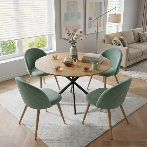 Songvas Essgruppe Set Tisch und Stühle, Essgruppe 5-Teilig, Helle Eichenfarbe 100cm Runder Esstisch und 4 Samt-Esszimmerstühle, Geeignet für Küchen, Esszimmer und Wohnzimmer