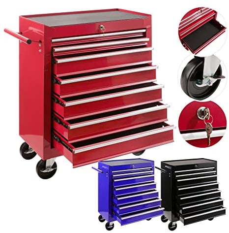 AREBOS | carrello da officina a 7 scomparti | con serratura centrale | rivestimento antiscivolo | ruote con freno di stazionamento | metallo massiccio | rosso