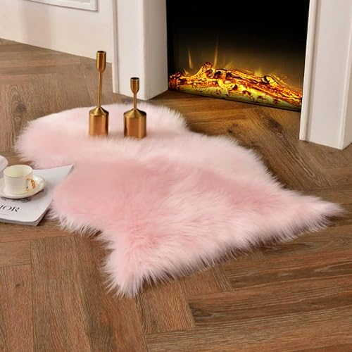 JXLOULAN Faux Lammfell Schaffell Teppich Rosa 75 x 120 cm, Longhair Fell Kunstfell Weicher Flauschiger Teppich Wohnzimmer, Lammfellimitat Carpet für Stühle Schlafzimmer Kinderzimmer