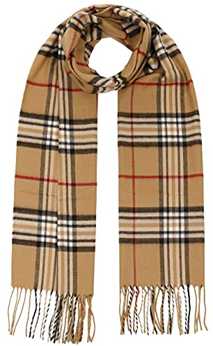 Lipodo Karo Cashmink Schal | Winterschal für Damen/Herren | Karoschal made in Germany | Hautfreundlicher Fransenschal | Schal mit Fransen Herbst/Winter, Camel, Einheitsgröße