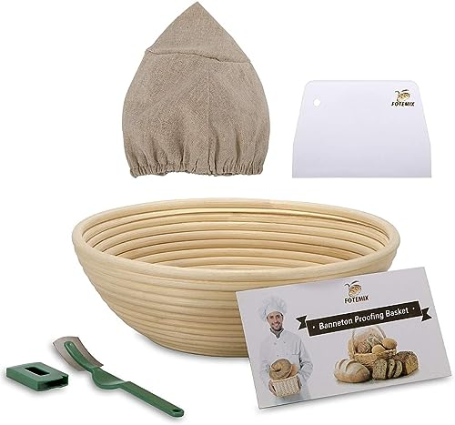 Sourdough Proving Basket Kit, Natural Rattan Bread Proofing Basket with Bread Lame, Dough Scraper, Cloth Liner, Dough Whisk, Banneton Proofing Basket for Bakers (10 inch Round + Dough Scraper)