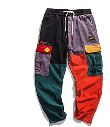 Loeay Pantalon Causal pour Hommes Hip Hop Streetwear en Velours côtelé à Taille élastique Sarouel Patchwork comme Photo L