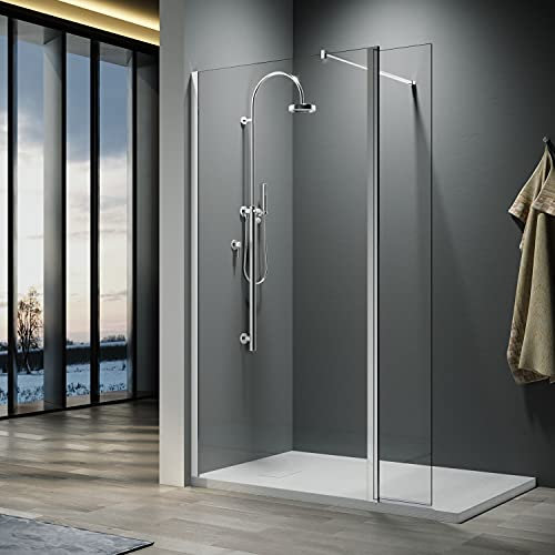 ELEGANT 700mm Frameless Wet Room Shower Screen Panel 8mm Easy Clean Glass Walk in Shower Enclosure with 300mm Return Panel and Support Bar