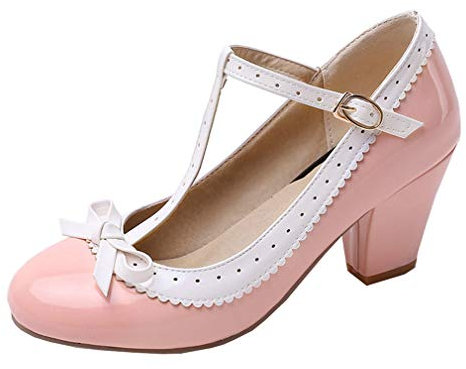 LOVOUO Mary Jane Chaussures Femme Lanière Escarpin Vintage Rockabilly Retro Talon Carré Bloc Haut Vernis avec Noeud Boucles 7CM(Rose,45)