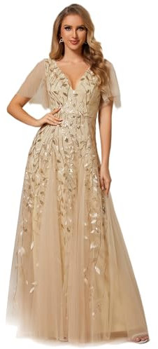 Ever-Pretty Women's V Neck Short Sleeve Elegant Floor Length A Line Long Tulle Evening Dresses Gold 20UK