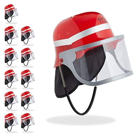 Relaxdays 12 x Feuerwehrhelm Kinder, mit Visier, Nackentuch & Kinnriemen, Verstellbarer Kopfumfang, Feuerwehrmann Helm, rot