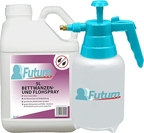 FUTUM 5L+2L Sprüher Bettwanzen Abwehrspray, Flohabwehr, hochwirksames Bettwanzen Mittel auf Wasserbasis, fleckenfrei, geruchsarm, ohne ätzende Eigenschaften und Treibgase, mit Stopp Wirkung