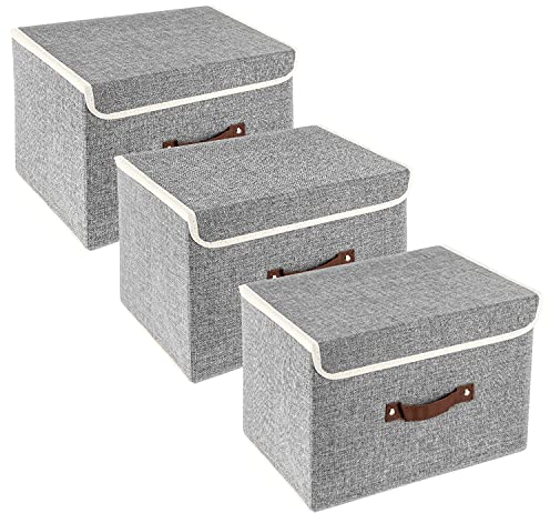 TYEERS Cajas de Almacenaje con Tapa, Tela, Lavable, Cajas Organizadoras, 38x25x25 cm, Juego de 3, Gris