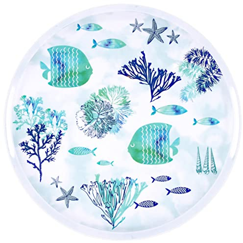 Les Jardins de la Comtesse - Grand Plateau à Service Rond avec poignées en Mélamine - Caraïbes - 34 cm - Bleu Mer et Poissons - Vaisselle Quasi-Incassable MelARTmine