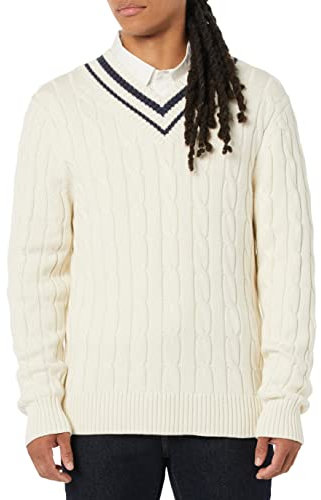 Amazon Essentials Men's Cable Knit V-Neck Jumper, Light Beige, XXL