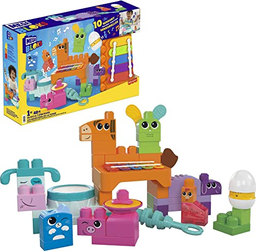 MEGA Blocks Fisher-Price sensorisches Bauspielzeugset, Musikspaß Bauernhoftiere mit 45 Bauklötzen für Kleinkinder und 6 Notenblättern, Geschenkideen für Kinder ab 1 Jahr, HPB46