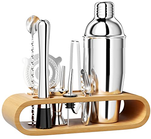 Newpop 750ML Shaker Cocktail, 10 Pièces INOX Shaker Vinaigrette avec Support Bois, Professionnel kit pour Barman, avec crépine, Jigger, verseur, pour mélanger Boissons, Home, Bar, Party (Argent)