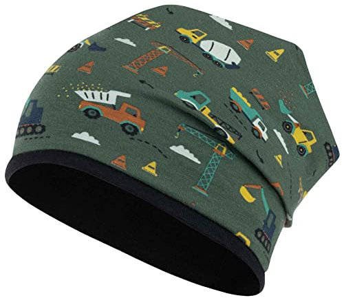 Mütze Junge Kindermütze Übergangsmütze Baumwolle Beanie doppellagig, Größe: 50/52, Farbe: Grün-Baustelle
