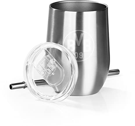 Borussia Dortmund Getränkebecher mit BVB-Logo | Edelstahl |inkl. Trinkhalm und Deckel | für Bier, Wein, Cocktails, Punsch geeignet [350 ml]