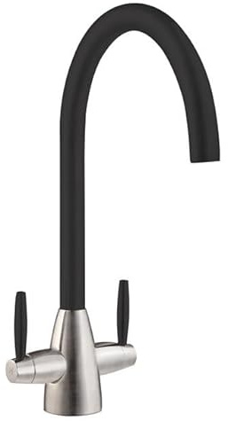 Liquida LB01BL Swan Neck Twin Lever Brushed Steel and Black Kitchen Tap