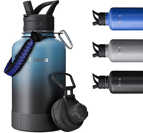 Exllena Botella de agua de acero inoxidable de 2 litros, botellas de agua con doble aislamiento con dos tapas y funda protectora de silicona, asa de paracaídas, práctica para llevar, degradado