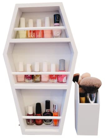 EpicGifts Sarg-Regal für Make-up – Gothic-Make-up-Regal für Schlafzimmer – 3 Ablagen, stehend oder schwebend, Wandsarg, Badezimmer, stehendes Regal mit Sarg-Make-up-Pinselhalter (weiß)