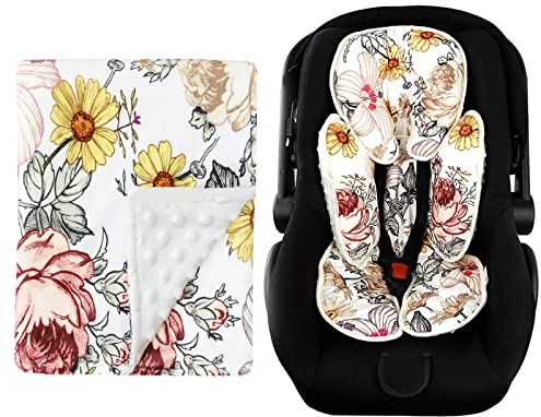 HNHUAMING Floral Baby Blankets, Floral Minky Toddler Blanket for Boys Girls, Floral Car Seat Insert,Cushion for Stroller, Swing, Bouncer, 2-in-1 Reversible, Vintage Flowers