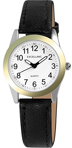 Excellanc Damen-Uhr Kunstleder Dornschließe Leuchtzeiger Analog Quarz 1900289 (schwarz weiß schwarz)