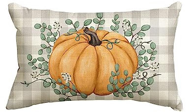 Artoid Mode Büffelkaro Orange Kürbisse Eukalyptus Herbst Kissenbezug, 30x50 cm Saisonnal Zierkissenbezug Couch Wohnzimmer Deko