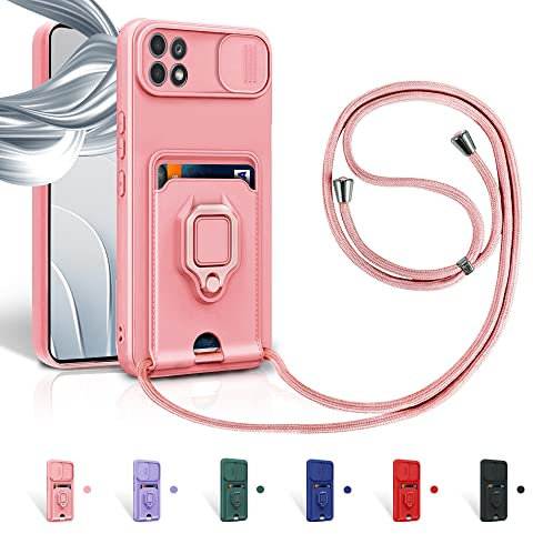 Aithne Cordon de Coque pour Samsung Galaxy A22S 5G/A22 5G,Couvercle Coulissant de la Caméra+Support Annulaire à 360 Degrés,Fentes pour Cartes Lanyard Silicone Case -Pink