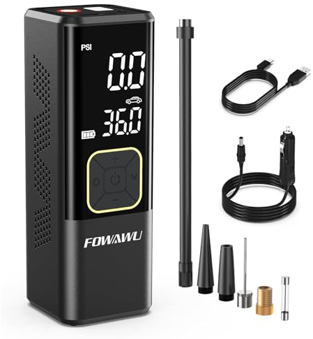 FOWAWU 7800mAh 150 PSI Portable Air Compressor, Cordless Tyre Inflator for Car Moto Bike Ball, Rechargeable Battery Car Tyre Pump, Dual-screen LED Dispaly, Auto Shut Off