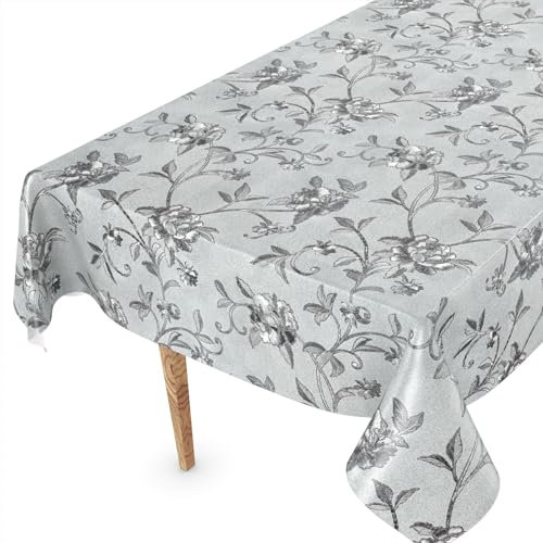 ANRO Wachstuch Tischdecke abwaschbar Wachstischdecke Plastik-Tischdecke Meterware edel glänzend eckig rund oval 100 x 140cm Schnittkante Pionen Silber