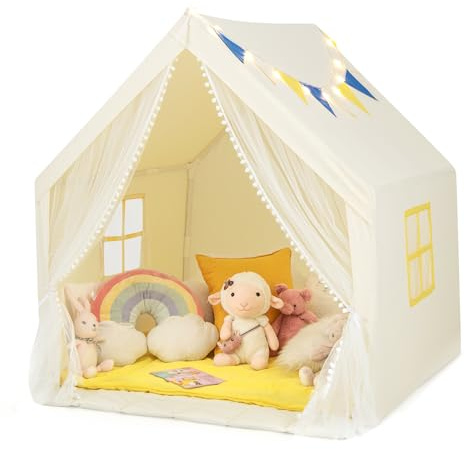 DREAMADE Kinderzelt für Drinnen mit Matte und Lichtern und Flaggenbanner, Kinder Spielhaus Indoor mit Vorhang & Fenstern, Tipi Zelt, Spielzelt für Jungen und Mädchen 121 x 105 x 125 cm (Beige)