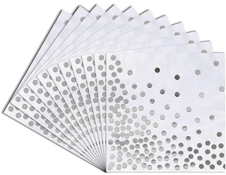 Servietten Silber Dots, 33 x 33cm Goldfolien Punkte,2-lagig Golden Foiled Papierservietten Paper Napkins für Hochzeit Feiertagsfeier,60 Stücke(Silber +Weiß)