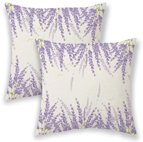 BETGINY Spring Pillow Covers 18x18 Inch 2 Pcs, Purple Lavender Decorative Throw Pillows,Vintage Plant Flower Floral Summer Seasonal Outdoor Decor Pillowcase Linen Cushion Cover for Couch Sofa